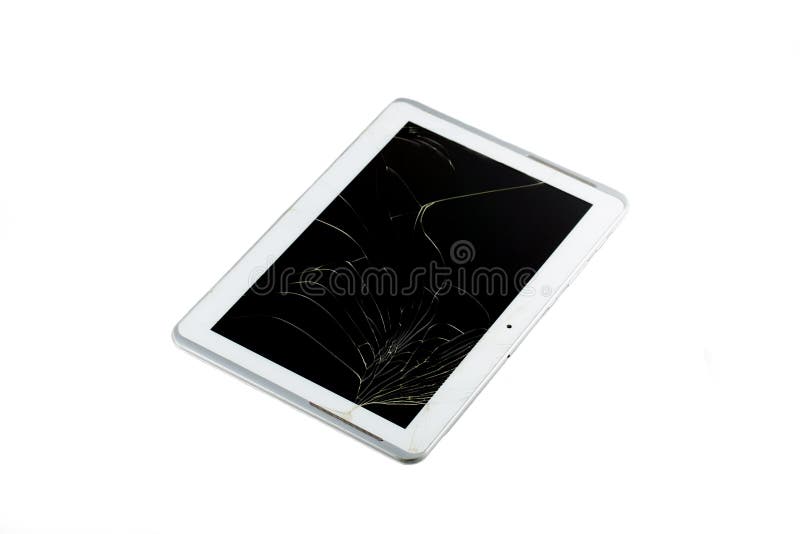 Tablet Computer with Broken Glass Screen Isolated on White Background