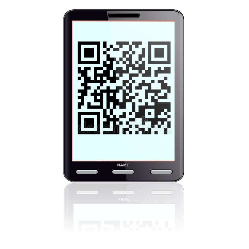 Tablet computer with QR code.