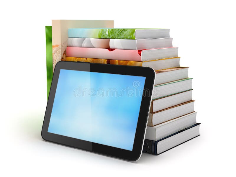 Tablet computer and stack of books