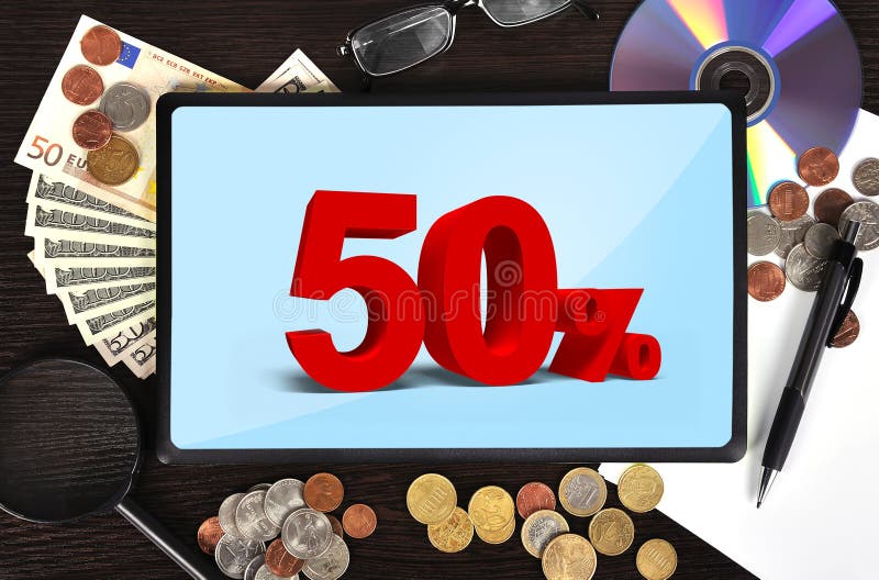 Tablet with discount stock image. Image of shop, dollar 34760999
