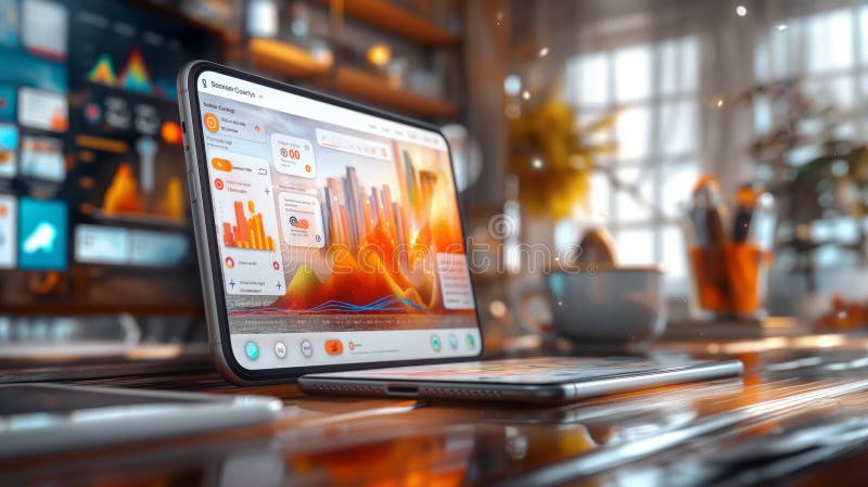 Tablet displaying analytics dashboard for content personalization in a modern workspace. Real-time personalization and data vector illustration