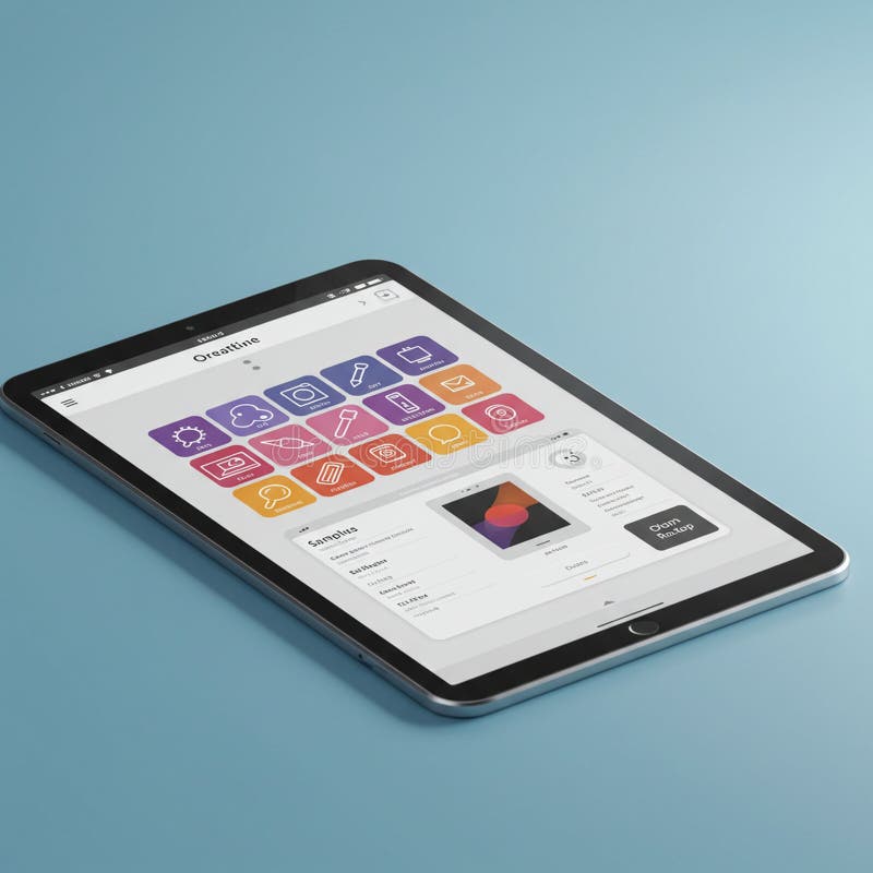 Tablet displaying an app interface with colorful icons on a blue surface. The app stock illustration