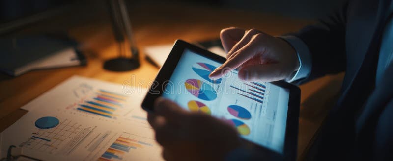 The tablet displaying colorful charts and graphs in a professional workspace.. image stock images.