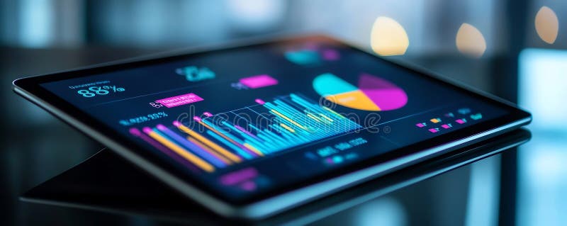 Close up of a tablet displaying colorful charts and graphs on a dark screen vector illustration