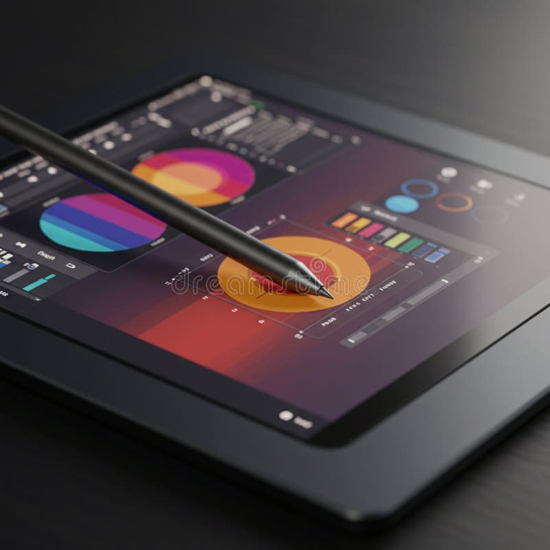 A tablet displaying colorful digital graphics and charts, including circular and bar royalty free illustration