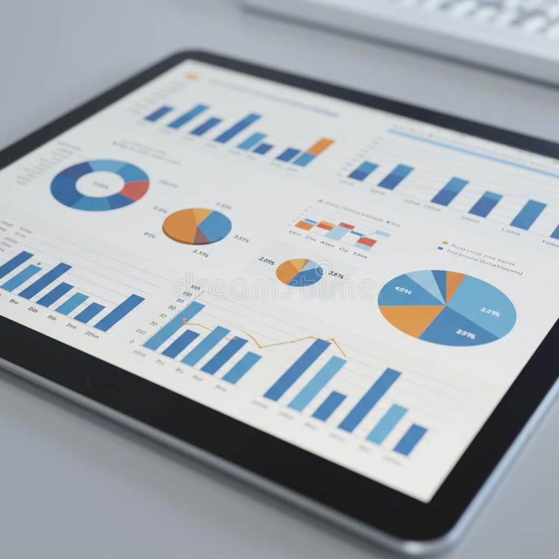 Tablet displaying data visualizations, including bar, pie, and line charts. The charts vector illustration