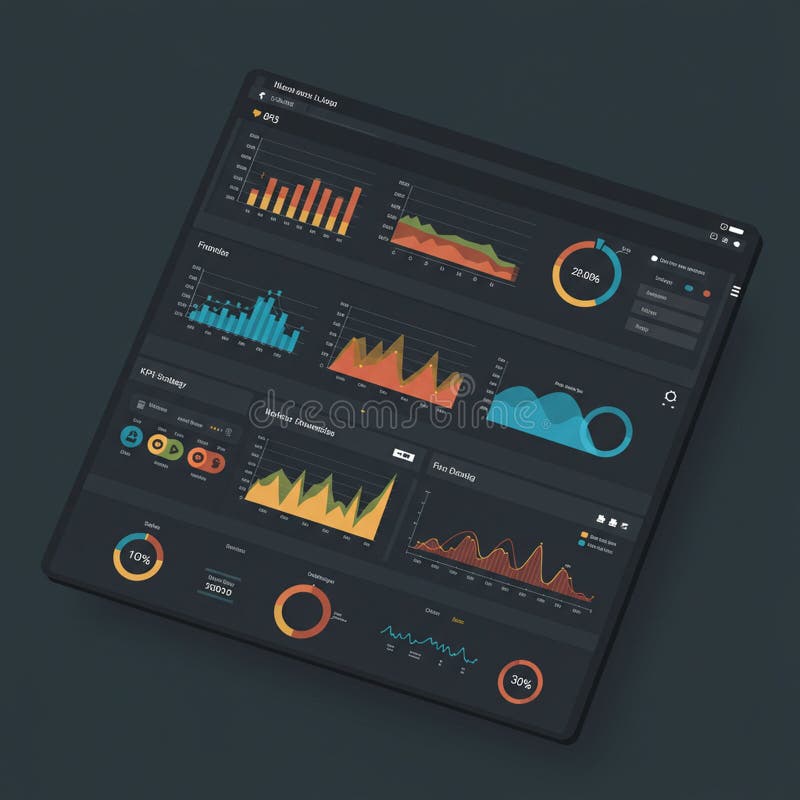 A tablet displaying a digital dashboard interface. The screen is filled vector illustration