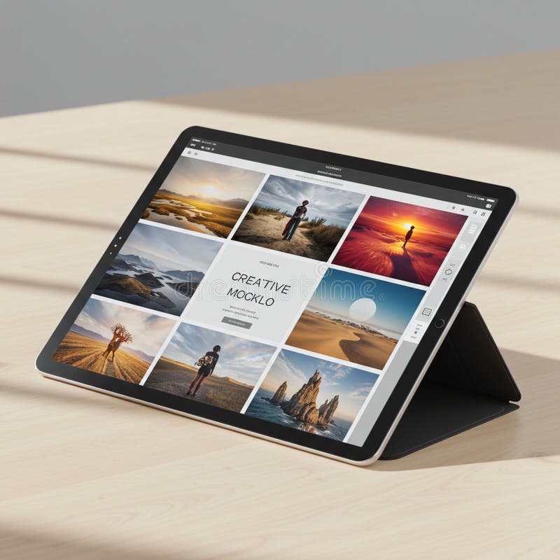 Tablet displaying a digital mockup of a photo gallery. The screen shows a 3x3 grid royalty free illustration
