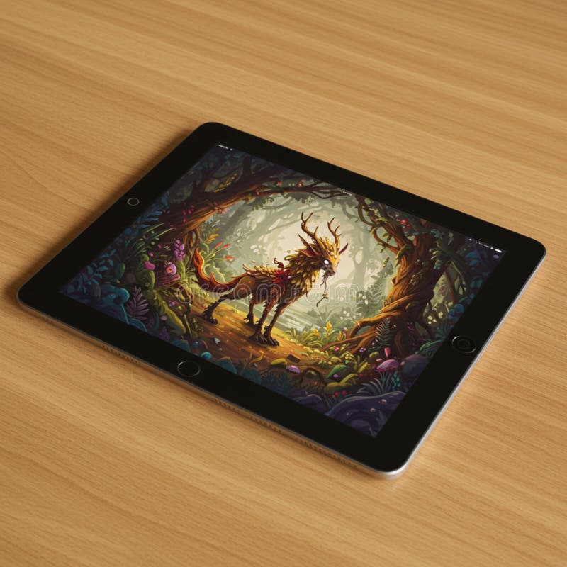 A tablet displaying a digitally generated image features a mythical creature vector illustration