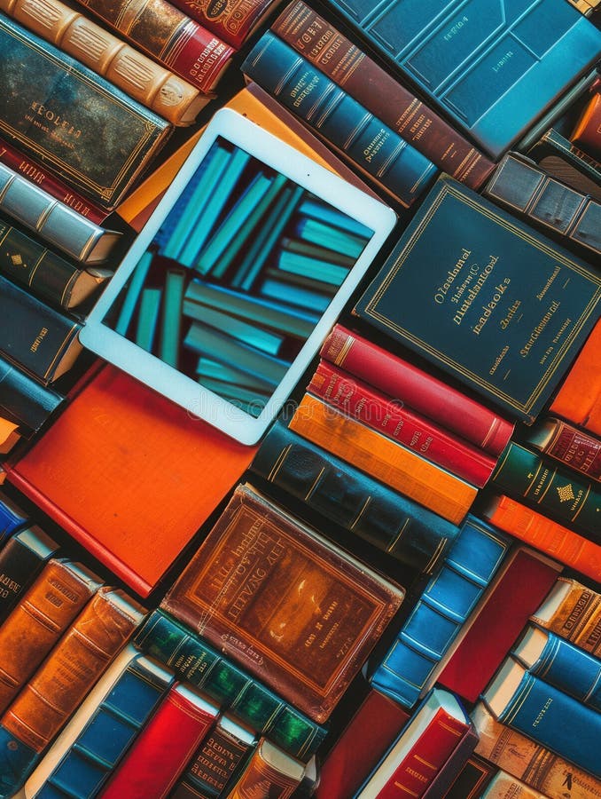A tablet displaying e-books rests atop a stack of traditional books, showcasing the shift toward digital learning royalty free stock photography