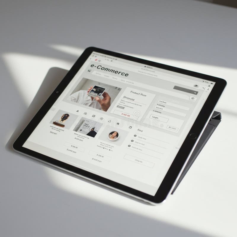 Tablet displaying an e-commerce website on its screen, placed on a white surface. stock illustration