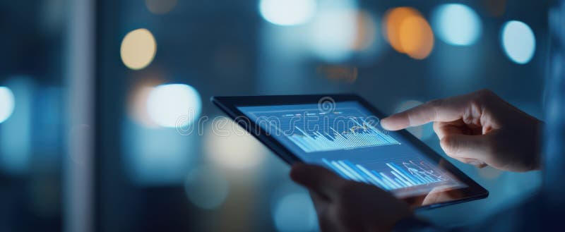 The tablet displaying financial data and graphs in a modern workspace.. image royalty free stock photography.