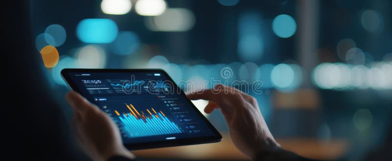 The tablet displaying financial data in a modern, illuminated workspace setting.. image stock photography.