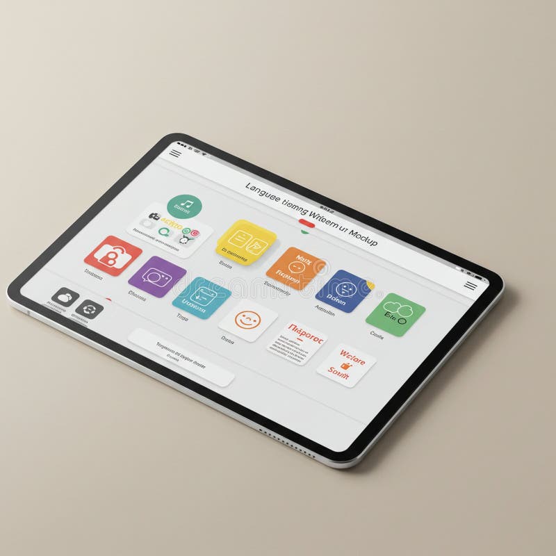 Tablet displaying a language learning app interface on a beige surface. The screen stock illustration