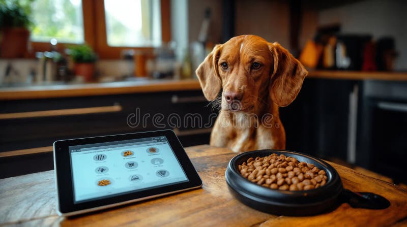 On a tablet displaying a selection of dishes, a dog selects one by pressing on it with his paw stock illustration