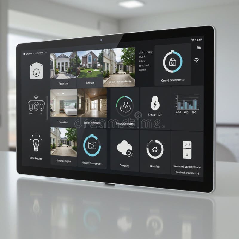 Tablet displaying a smart home interface. The screen shows various controls royalty free illustration