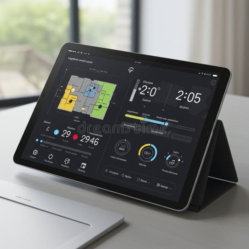 A tablet displaying a smart home interface, showcasing data such as room layout, temperature, humidity, and energy usage. The screen includes colorful graphics, charts, and icons for control and monitoring. The tablet rests on a stand on a light-colored desk, with a blurred view of greenery outside a window in the background. The interface features intuitive navigation elements, likely for adjusting home settings effectively.