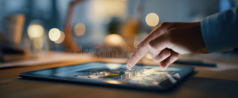 The tablet displaying urban architectural plans illuminated in a modern workspace.. image royalty free stock image.