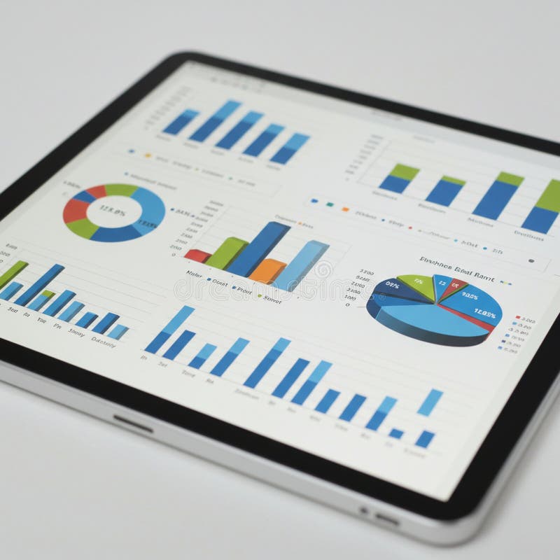 Tablet displaying a variety of charts and graphs, including bar graphs, line graphs, and pie charts. royalty free illustration