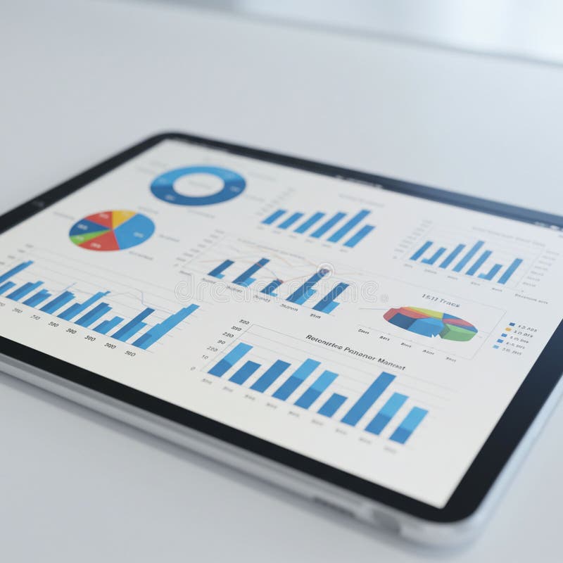 Tablet displaying various charts and graphs, including bar charts, pie charts royalty free illustration