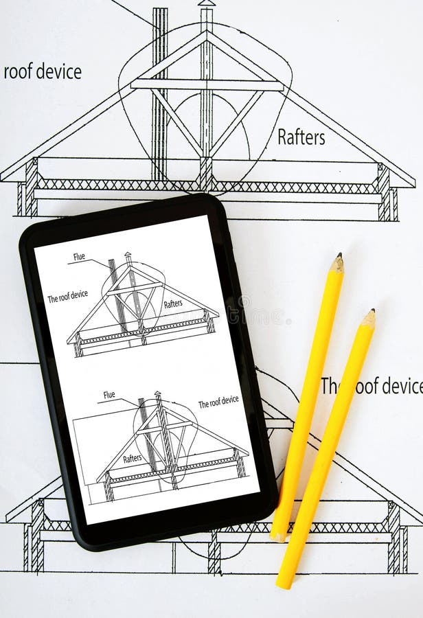 Tablet, Drawings and Working Tools Stock Photo Image of design