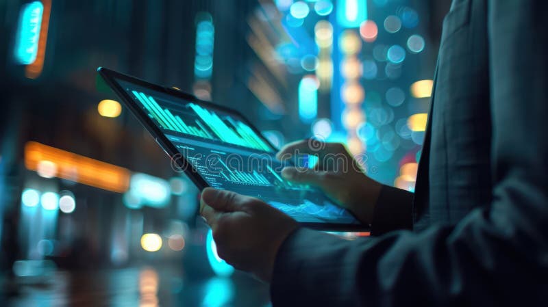 The tablet with glowing charts. stock photo.