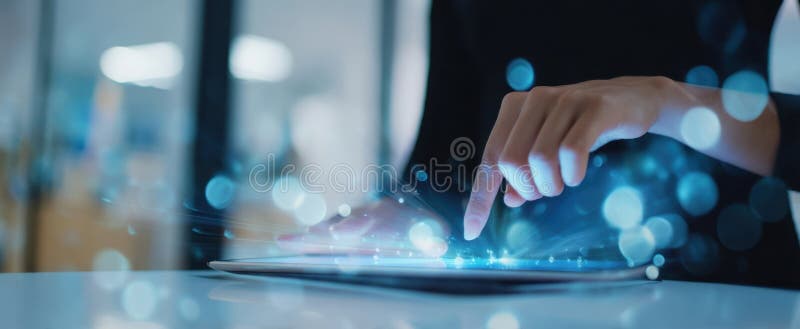The tablet interface illuminated by a finger&#x27;s touch in a digital workspace.. image royalty free stock photos.