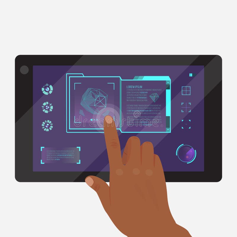 Tablet met futuristische spel of toepassings vectorillustratie Het doen van onderzoekbanner, affiche Wat betreft pictogrammen royalty-vrije illustratie Tablet met futuristische spel of toepassings vectorillustratie Het doen van onderzoekbanner, affiche Wat betreft pictogrammen royalty-vrije illustratie