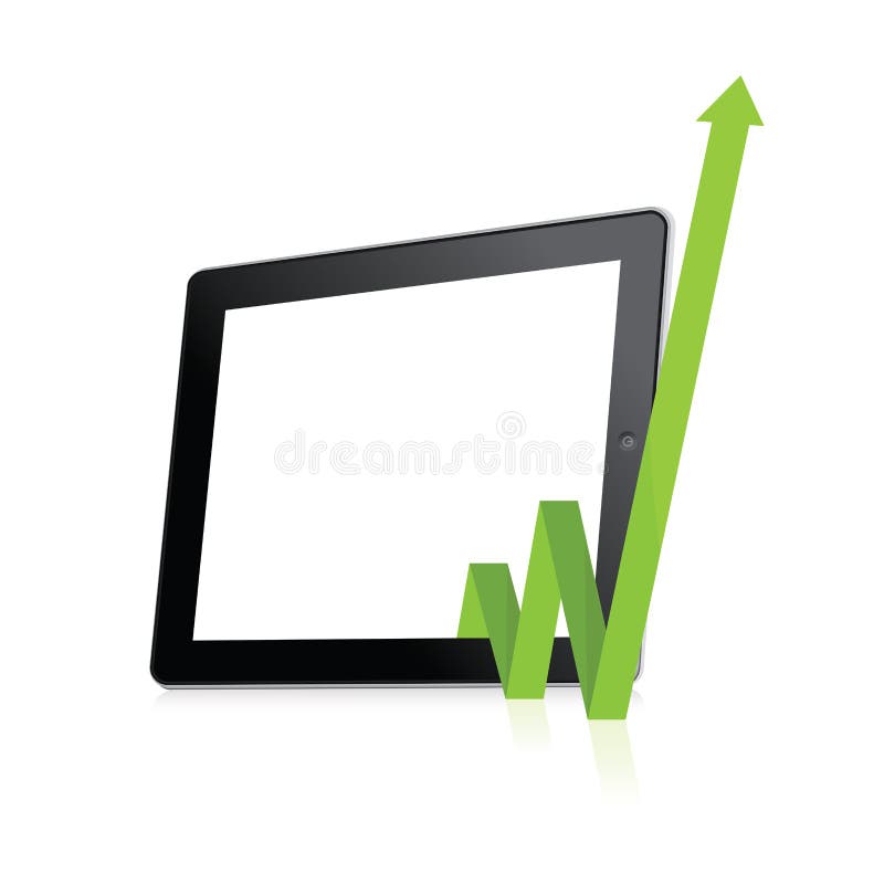 Tablet PC Screen with Green Arrow Pointing Up Stock Vector