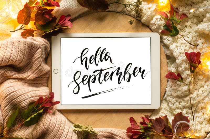 Hello September With Blue And Yellow Text Color Text Effect Stock