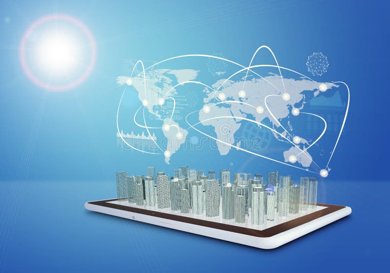 Tablet with virtual cityscape and world map