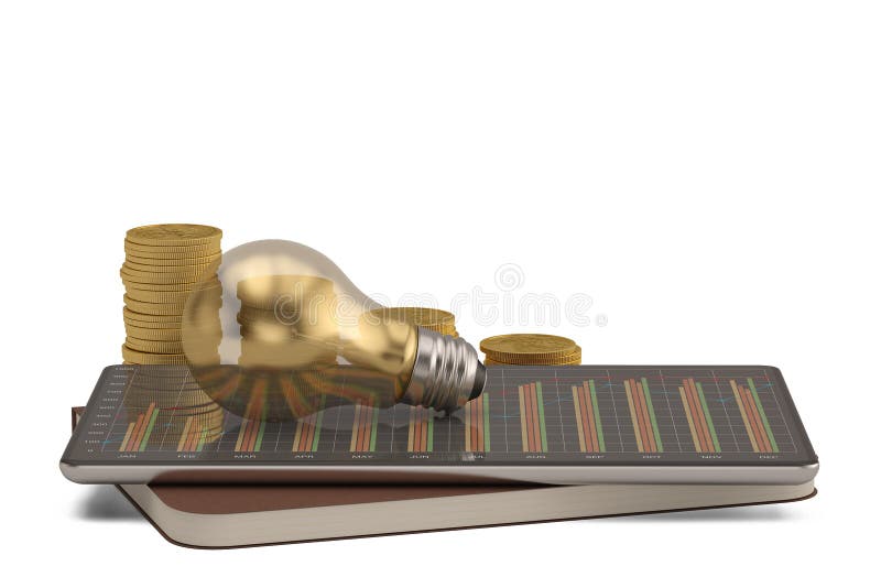 Tableta financiera del concepto con el bulbo aislado en el fondo blanco ilustraci?n 3D stock de ilustración Tableta financiera del concepto con el bulbo aislado en el fondo blanco ilustraci?n 3D stock de ilustración
