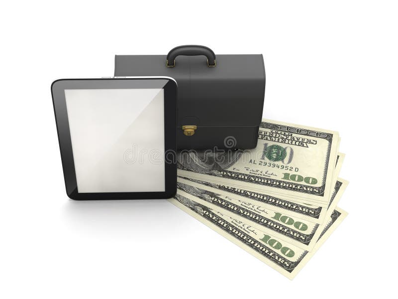 Tabletcomputer, leeraktentas en dollarrekeningen stock illustratie Tabletcomputer, leeraktentas en dollarrekeningen stock illustratie