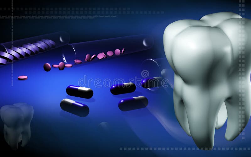 Tablets and capsules in a test tube and teeth