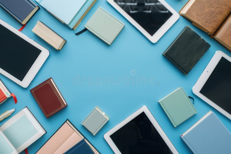 Tablets and e-readers arranged on a blue background, showcasing the modern shift toward digital learning. Generative AI stock images