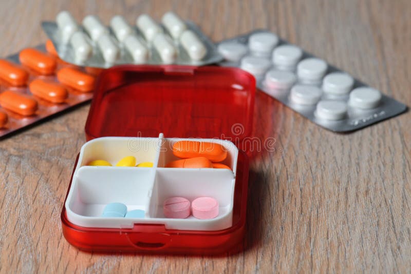 Tablets in a Red Pill Box. Drugs for the Treatment of Coronavirus Stock Photo Image of plastic