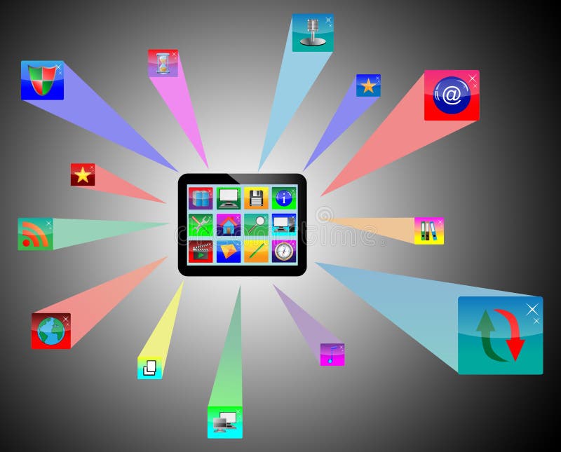 Abstract tablet which shows the monitor and web icons on a black background for designers for various necessities. Abstract tablet which shows the monitor and web icons on a black background for designers for various necessities.