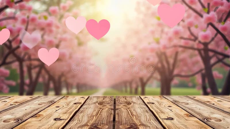 Tablette vide en bois devant des fleurs de cerisiers roses fond avec les coeurs illustration libre de droits