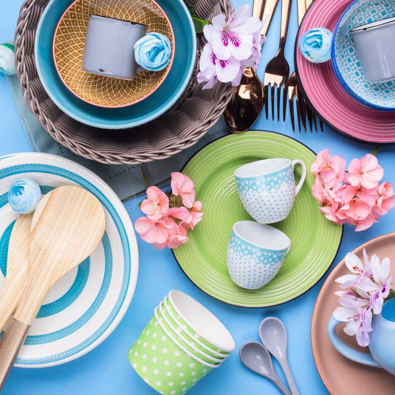 Tableware Dish Set on Blue Pastel Background Stock Image Image of pastel, pottery 121664905