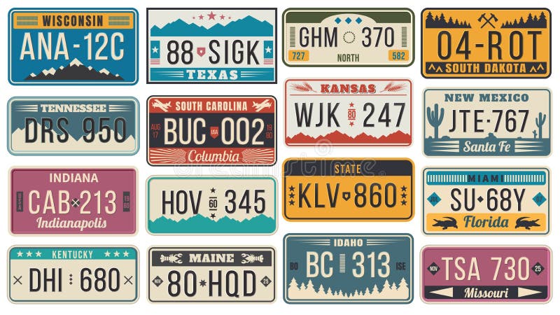 Abstract USA states license plates. Colorful retro car license, number plate templates vector set. Bundle of various vehicle registration signs or automobile identifiers in elegant vintage style. Abstract USA states license plates. Colorful retro car license, number plate templates vector set. Bundle of various vehicle registration signs or automobile identifiers in elegant vintage style.