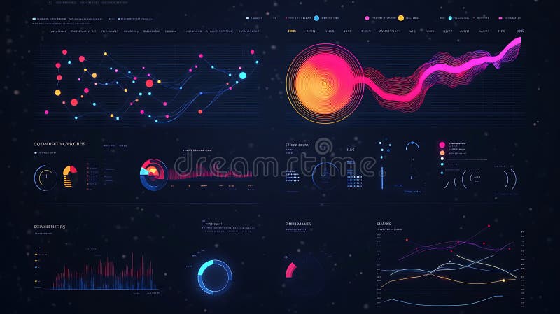 Tablou de bord interfață utilizator întunecată modernă cu vizualizare de analiză a datelor diagramelor și elemente grafice colorat vector illustration