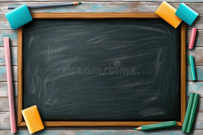Tablă albă înconjurată de bureți colorați și cretă ideală pentru setări educaționale vector illustration