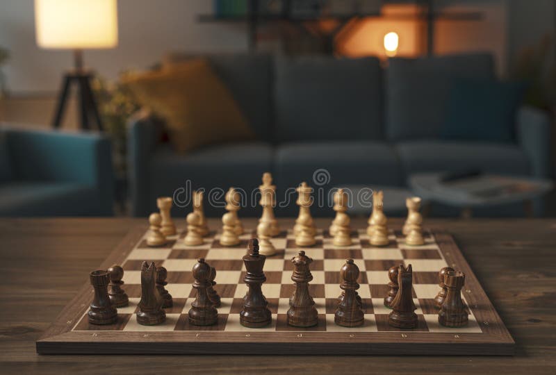 Par jovem, tocando, a, tabuleiro de xadrez, em, a, sala de estar, casa