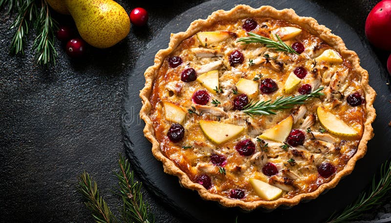 Tacchino o torte di pollo con pere e mirtilli rossi. Il giorno del Ringraziamento per il passaggio del tacchino di Natale fotografia stock libera da diritti