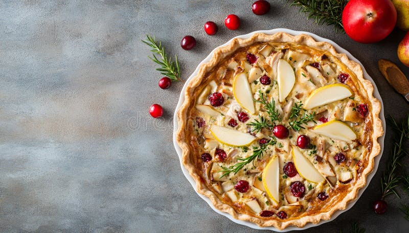 Tacchino o torte di pollo con pere e mirtilli rossi. Il giorno del Ringraziamento per il passaggio del tacchino di Natale immagini stock