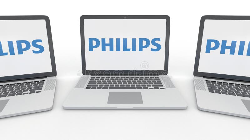Taccuini con il logo di Philips sullo schermo Rappresentazione concettuale dell'editoriale 3D di tecnologie informatiche illustrazione vettoriale