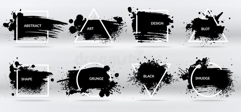 Taches d'encre Formes abstraites, cadres avec la texture grunge de traçage noir Ensemble d'isolement de vecteur de frontière