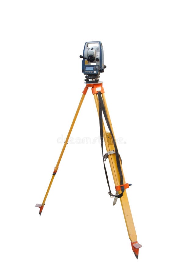 Tachymeter on tripod a total station or TST (total station theodolite) is an electronic/optical instrument used in modern surveying and building construction isolated on white background. Tachymeter on tripod a total station or TST (total station theodolite) is an electronic/optical instrument used in modern surveying and building construction isolated on white background.