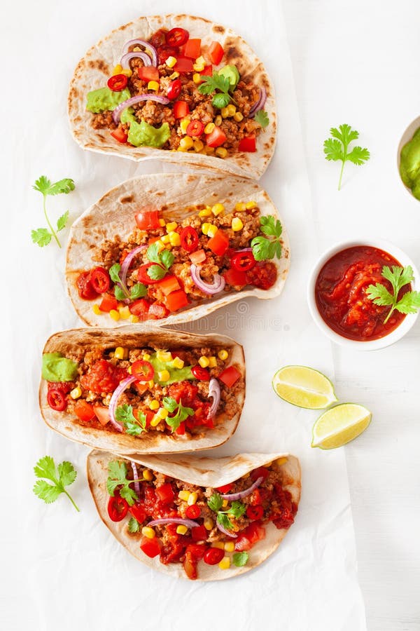 Taci messicani del maiale e del manzo con salsa, guacamole e le verdure fotografia stock Taci messicani del maiale e del manzo con salsa, guacamole e le verdure fotografia stock
