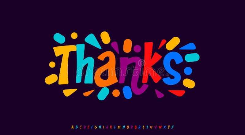 Tack för tecknade teckningstexter med färgstarka konfektytor. Joyful play-typografi för hälsningskort stock illustrationer